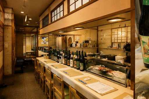 魚来亭の檜カウンターと並ぶ地酒